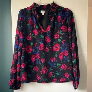 J. Crew Black Blouse with Pink and Blue Floral Design